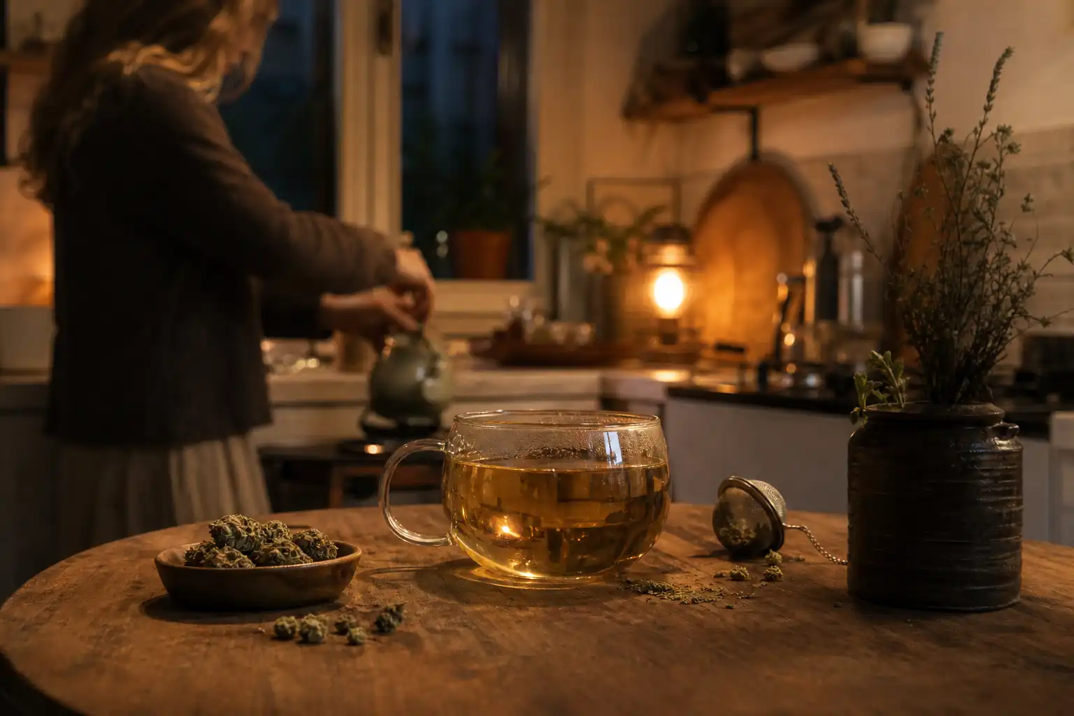 Quelqu'un dispose un objet, autour d'une infusion de chanvre et ses fleurs séchées, dans une cuisine.