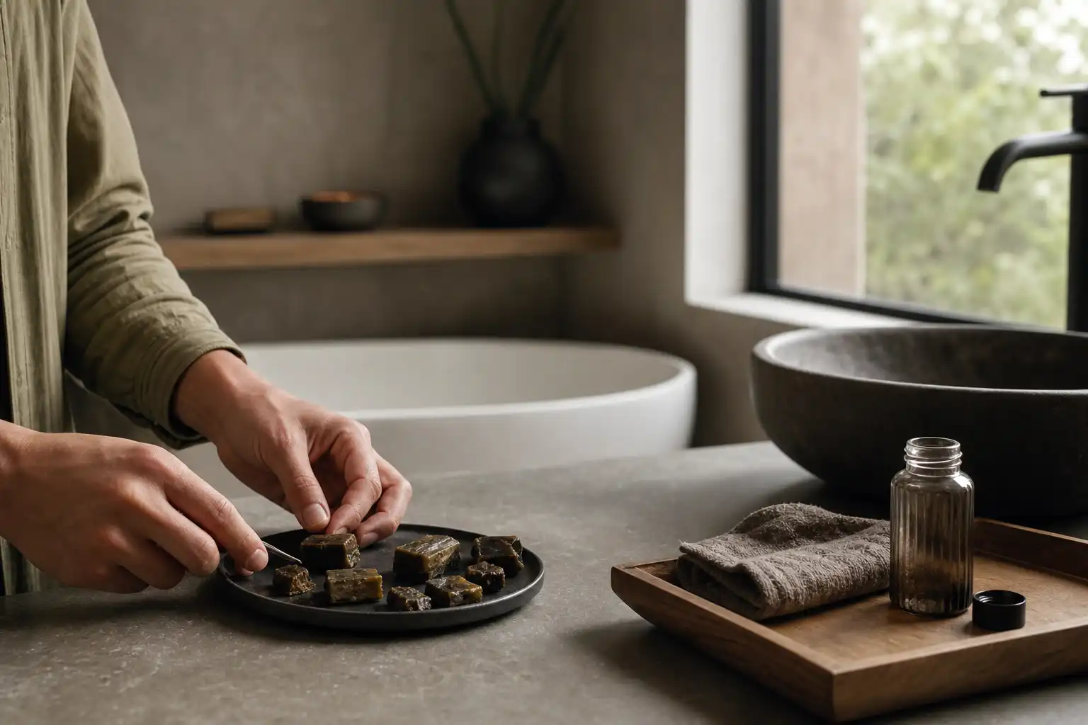 Quelqu'un dispose un objet, autour de résines cbd types, dans une salle de bain.