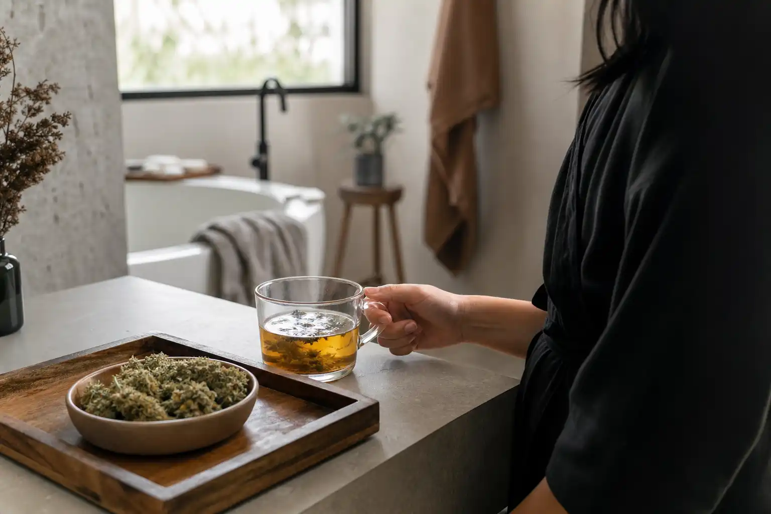 Quelqu'un examine un objet, autour d'une infusion de chanvre et ses fleurs séchées, dans une salle de bain.