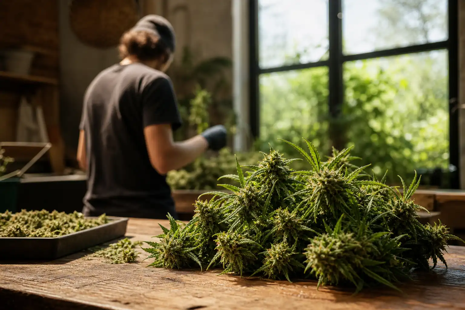 Quelqu'un prépare quelque chose, autour de fleur cbd greenhouse, près d'une fenêtre.