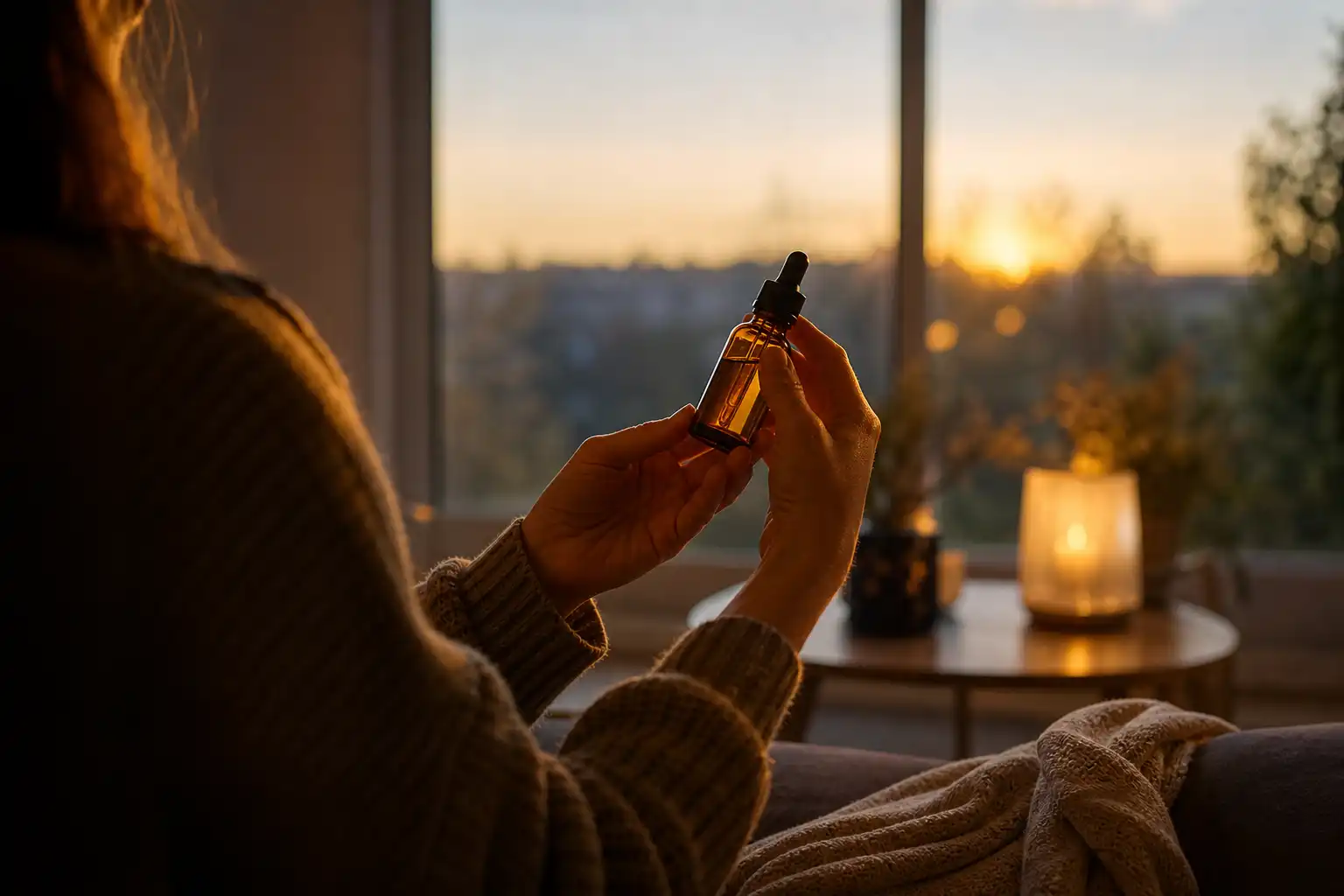 Quelqu'un examine un objet, autour de cbd sommeil mieux, près d'une fenêtre.