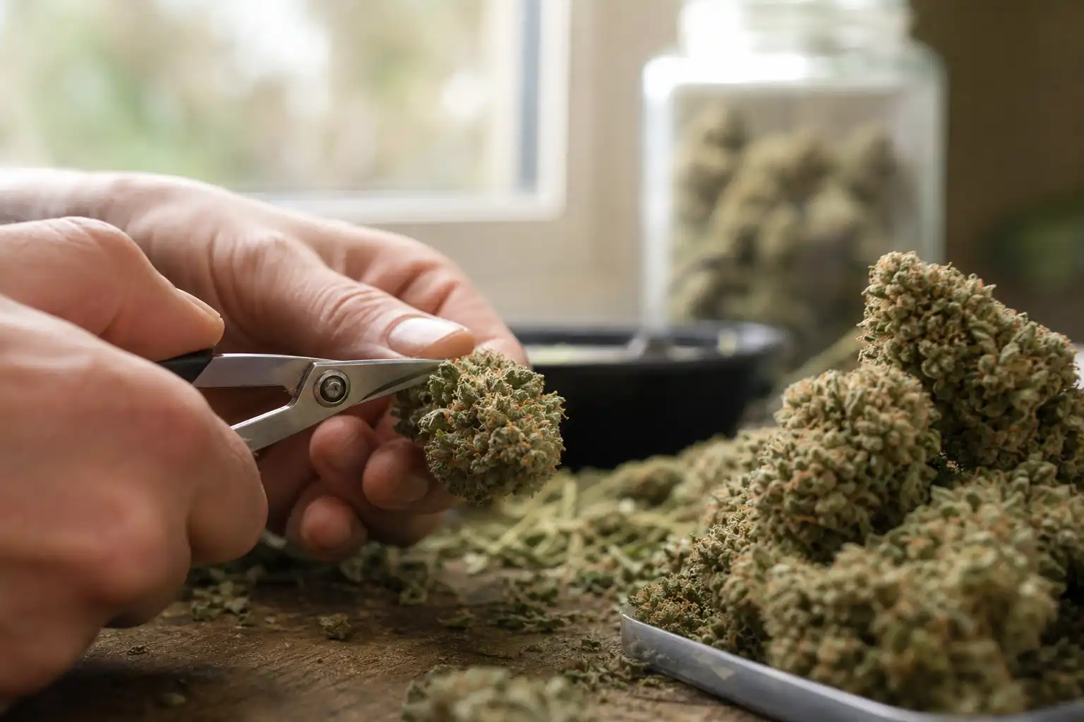 Des mains préparent quelque chose, autour de fleur cbd greenhouse, près d'une fenêtre.
