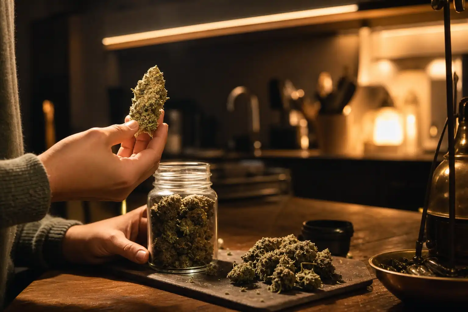 Quelqu'un examine un objet, autour de fleur cbd indoor, dans une cuisine.