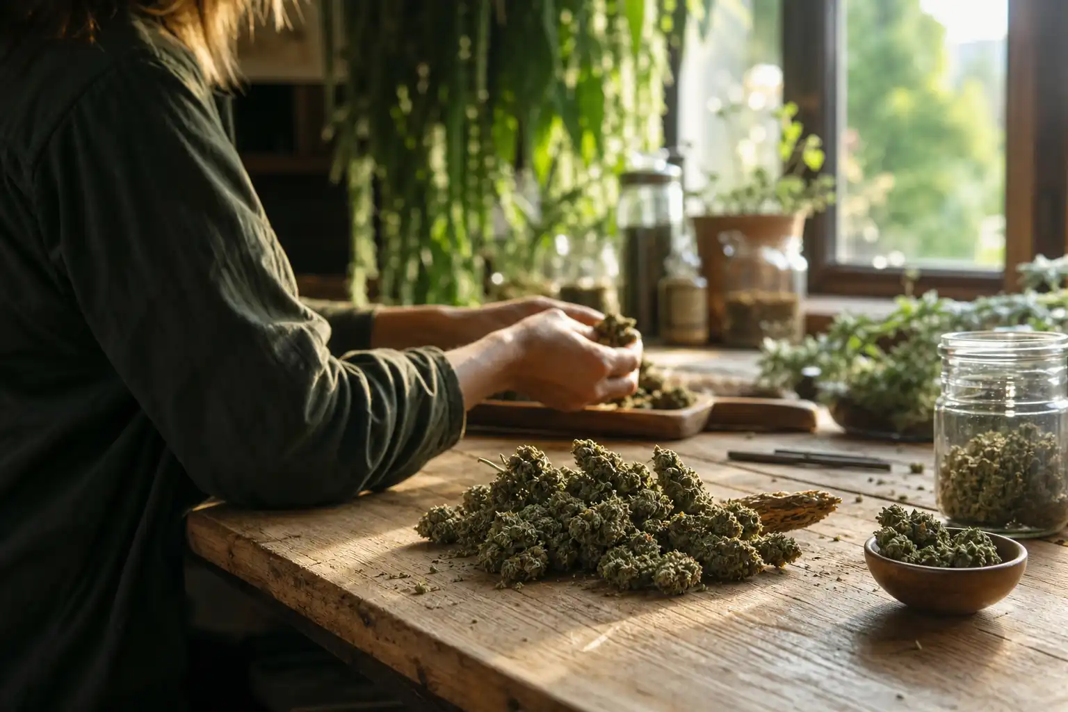 Quelqu'un manipule un objet, autour de fleurs cbd, près d'une table en bois.