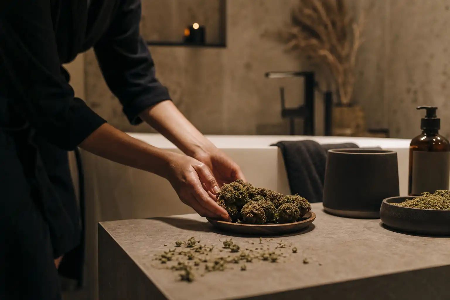 Quelqu'un dispose un objet, autour de fleur cbd outdoor, dans une salle de bain.