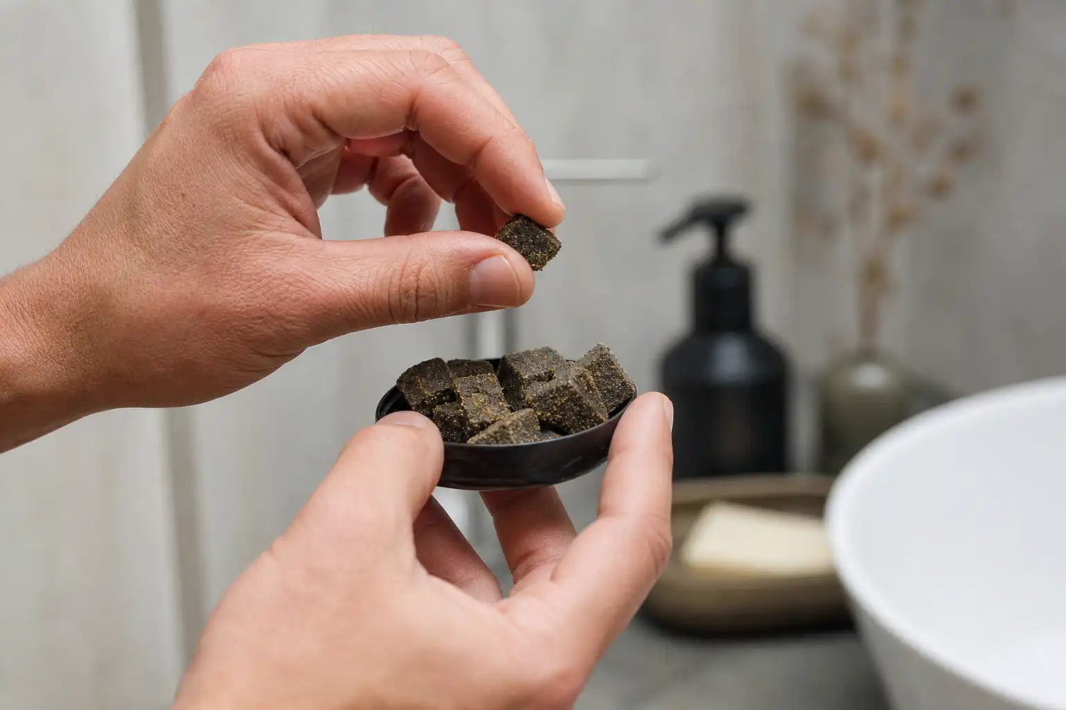 Des mains disposent un objet, autour de résines cbd types, dans une salle de bain.