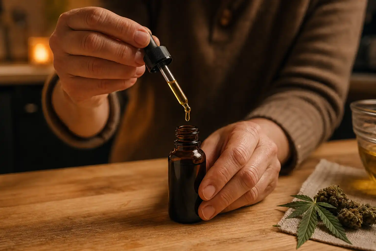 Des mains manipulent un objet, autour de cbd contre douleur, dans une cuisine.