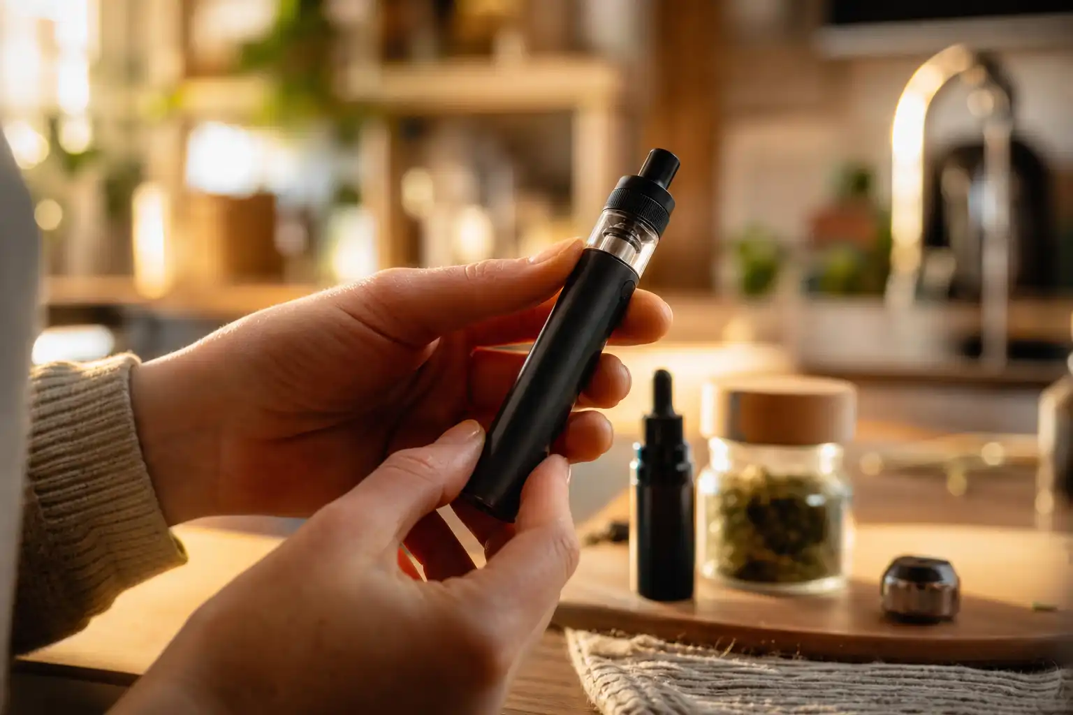 Des mains examinent un objet, autour de vape cbd matériel, dans une cuisine.