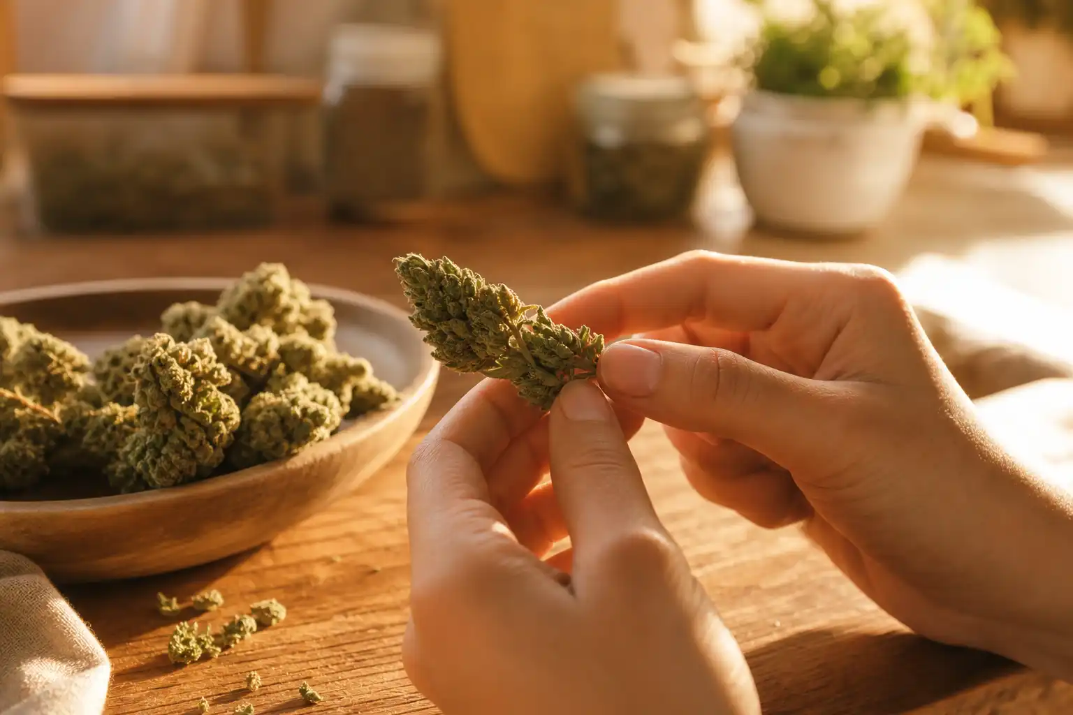 Des mains examinent un objet, autour d'effets cbd santé, dans une cuisine.