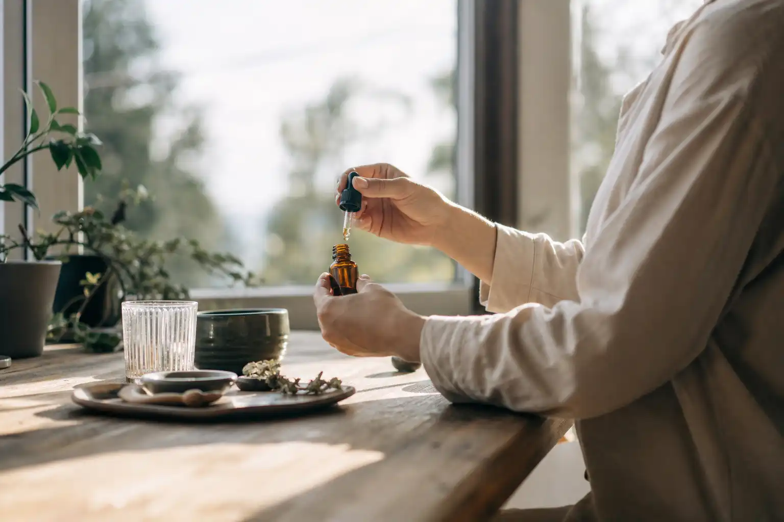 Quelqu'un manipule un objet, autour de vital cbd com, près d'une fenêtre.