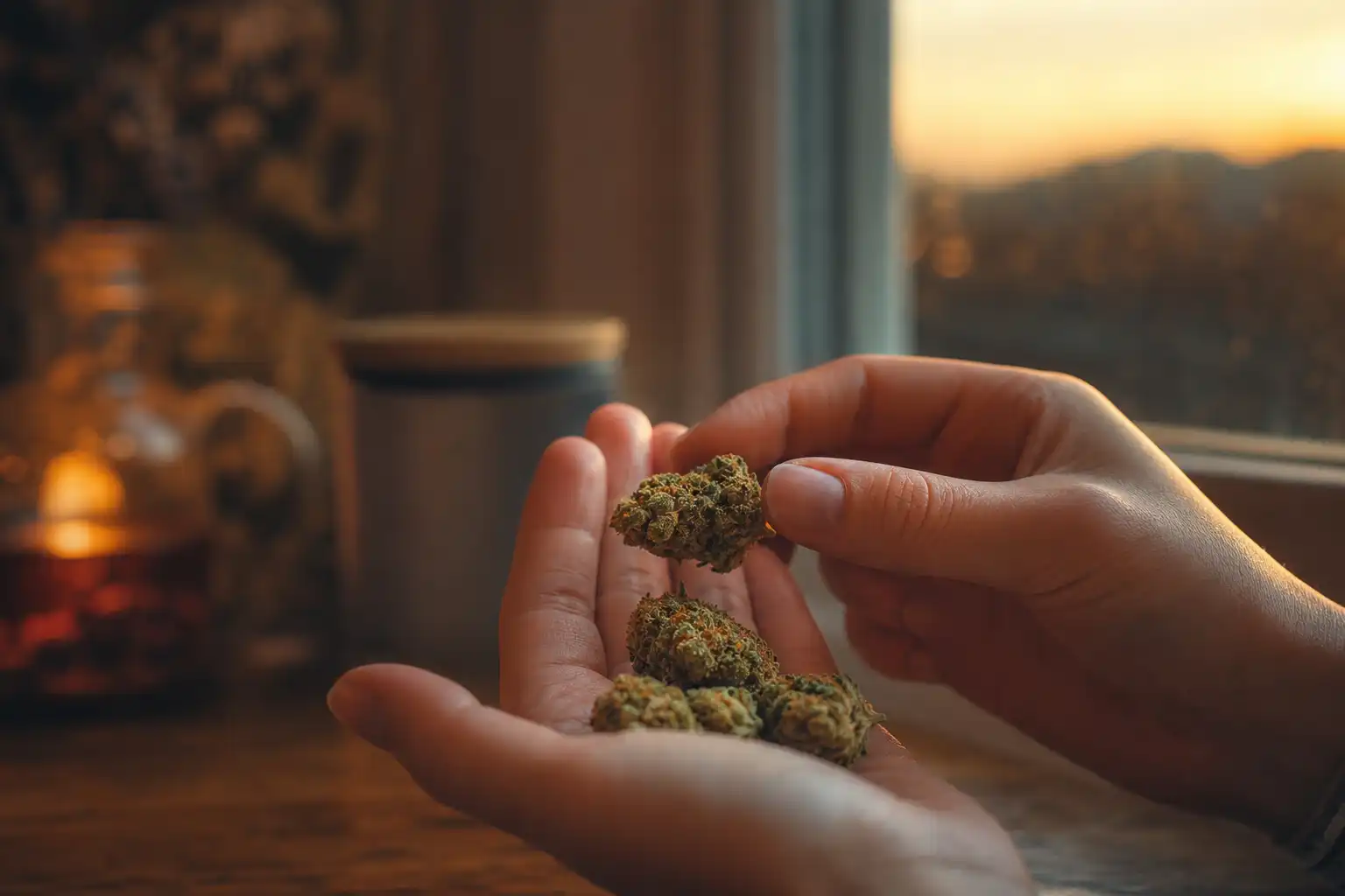 Des mains examinent un objet, autour de cbd sommeil mieux, près d'une fenêtre.