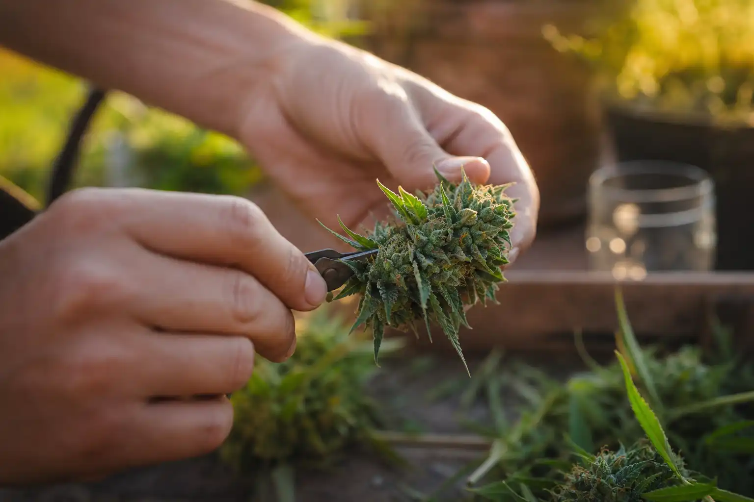 Des mains disposent un objet, autour de fleur cbd bioponie, dans un jardin.