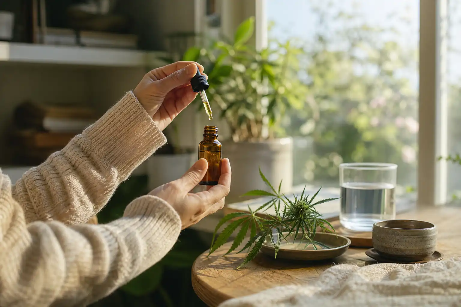 Quelqu'un examine un objet, autour de cbd contre stress, près d'une fenêtre.