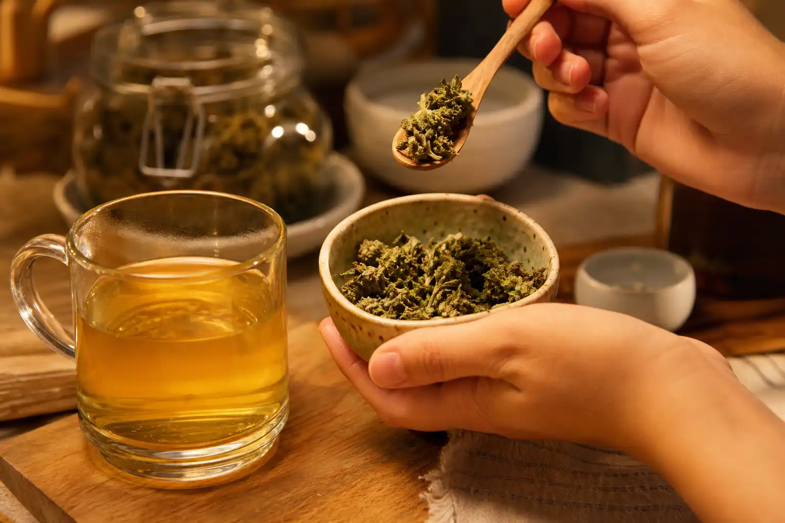 Des mains disposent un objet, autour d'une infusion de chanvre et ses fleurs séchées, dans une cuisine.