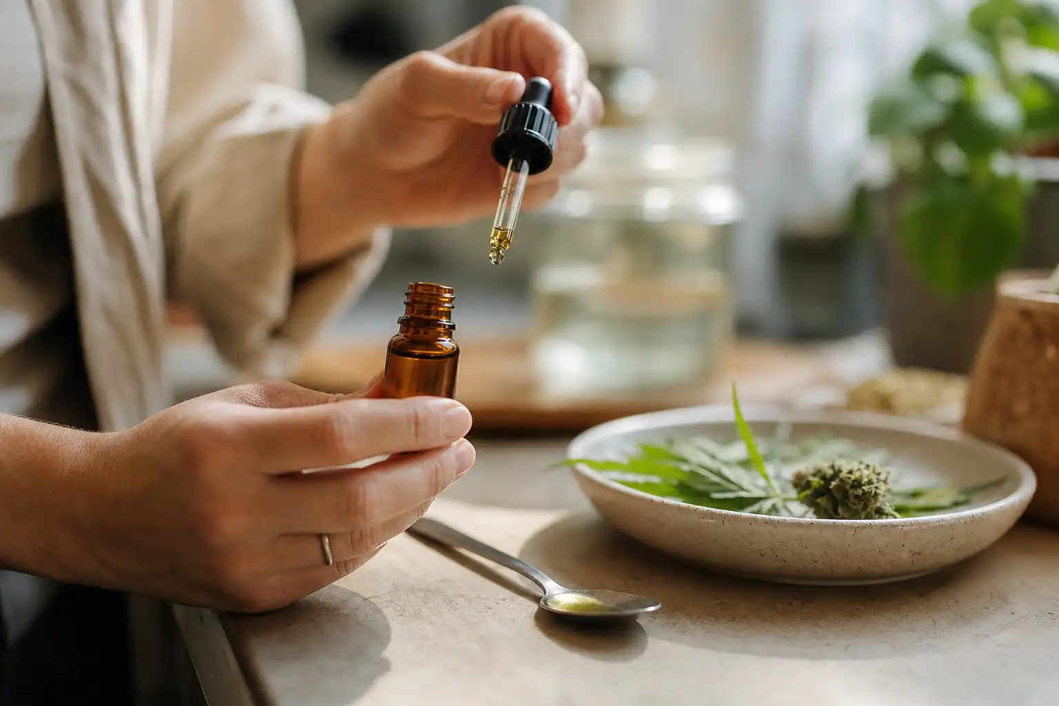 Des mains disposent un objet, autour d'usage cbd modes, dans une cuisine.