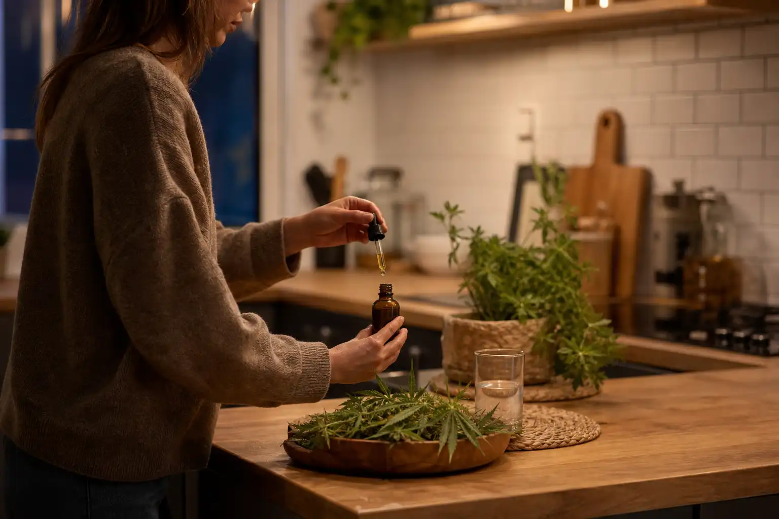 Quelqu'un manipule un objet, autour de cbd contre douleur, dans une cuisine.