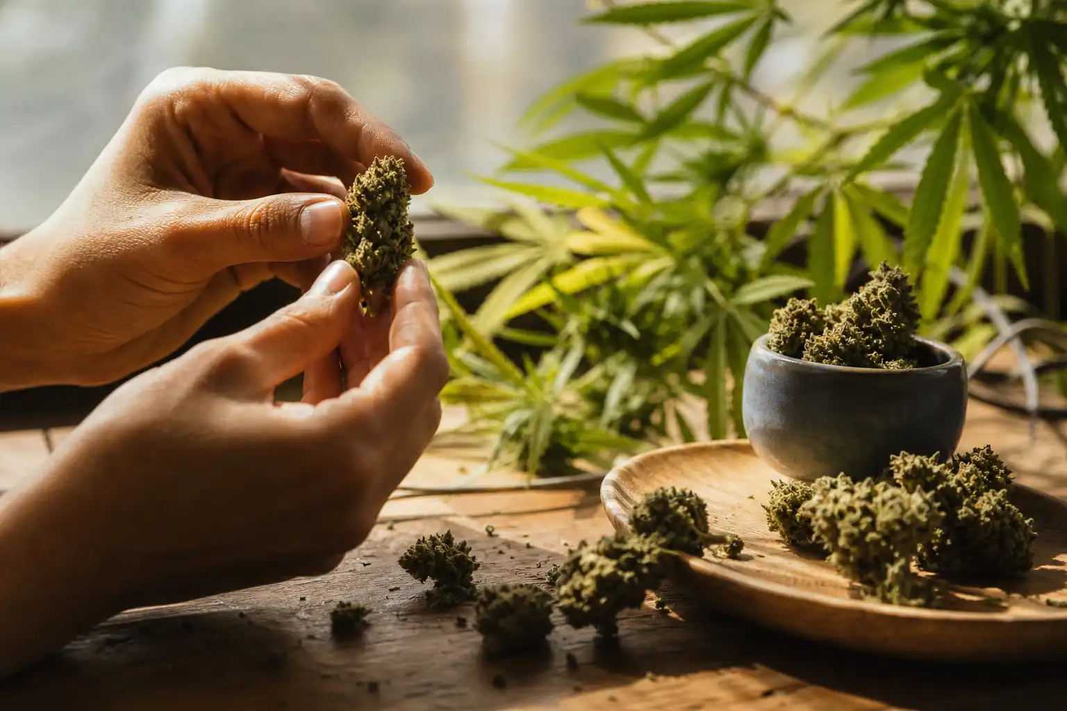 Des mains manipulent un objet, autour de vital cbd com, près d'une fenêtre.