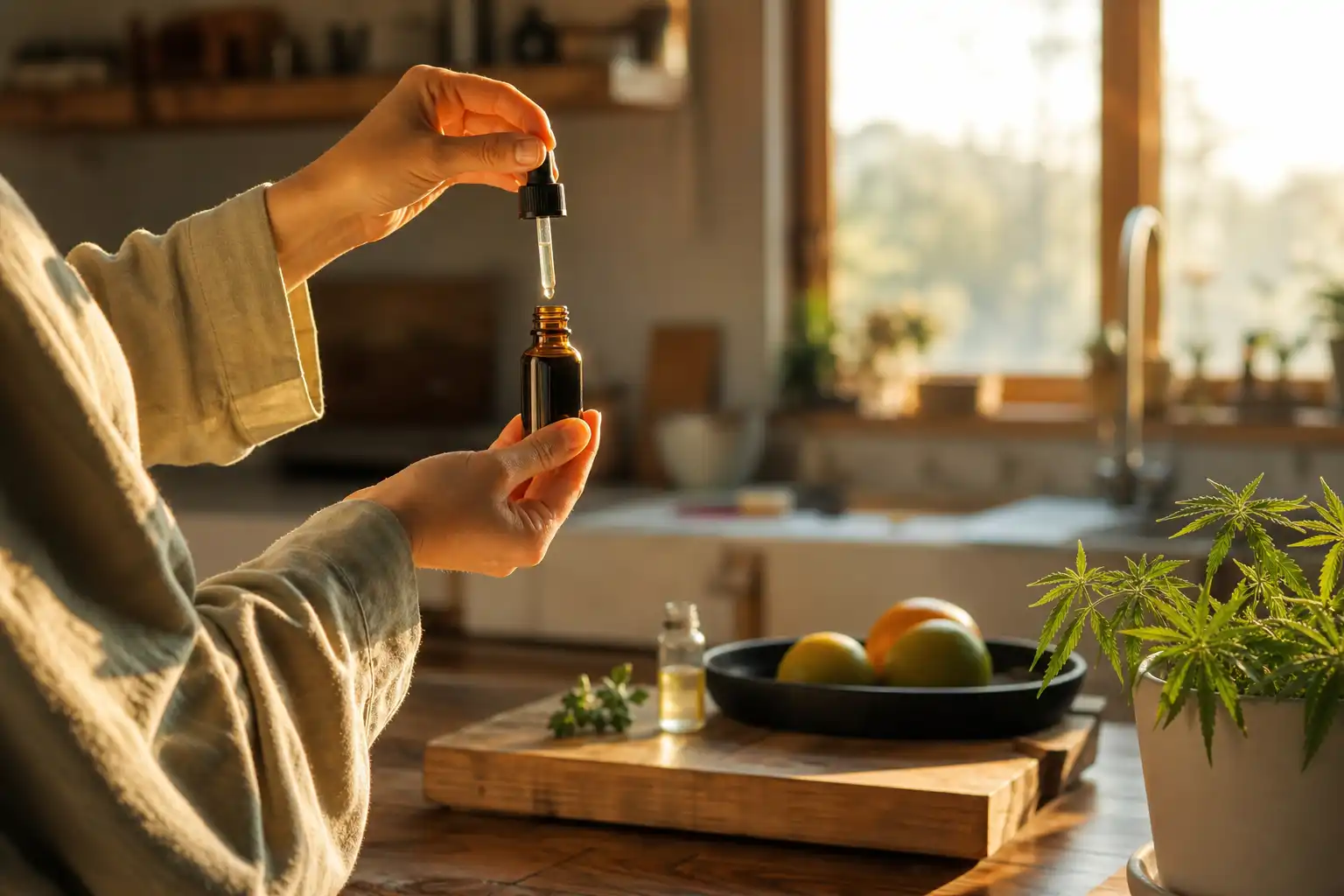 Quelqu'un examine un objet, autour d'effets cbd santé, dans une cuisine.