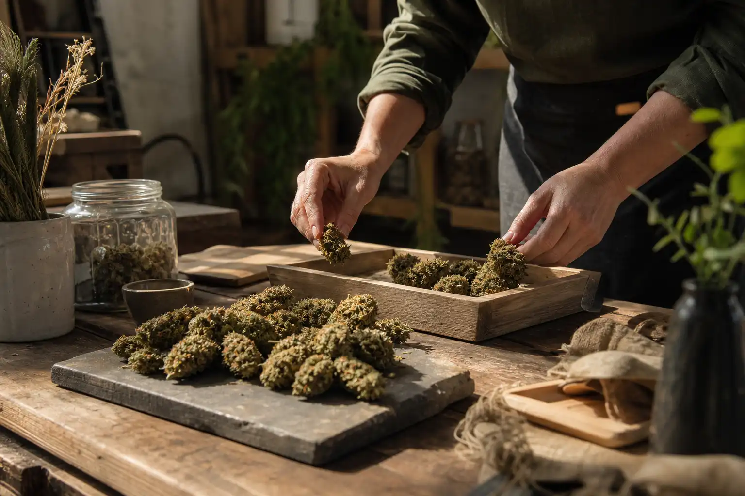 Quelqu'un dispose un objet, autour de fleur cbd aéroponie, dans un atelier.