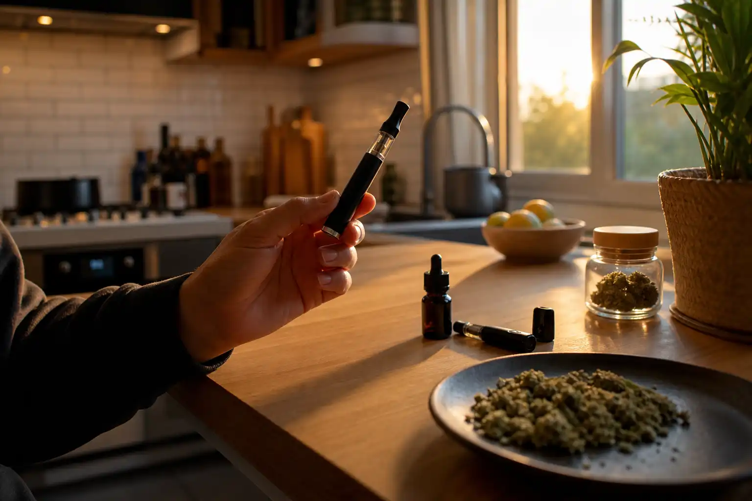 Quelqu'un examine un objet, autour de vape cbd matériel, dans une cuisine.